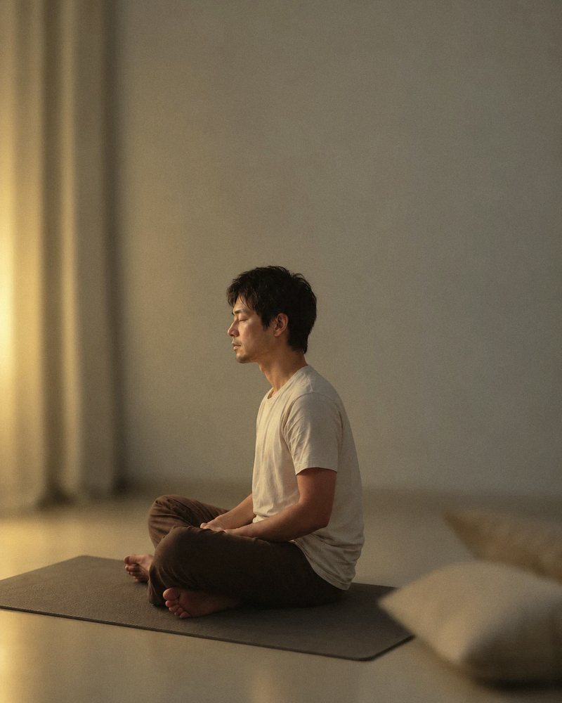 夜、灯りの差す部屋でマットの上に静かに座る人